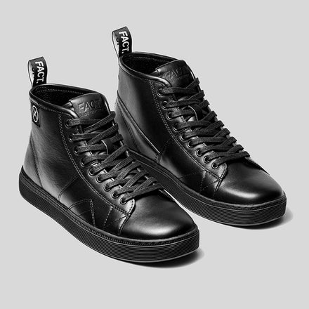 CNTRL high-top black leather shoe by FACT., featuring lace-up upper and skate-inspired cupsole with control-pattern tread.