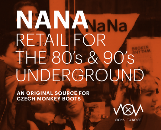 Title graphic for the FACT. editorial 'NaNa: Retail for the 80's & 90's Underground,' featuring stylized typography referencing the legendary Santa Monica punk and goth retailer.